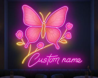 Butterfly Neon Sign: Custom Flower Wall Art, Bedroom Decor, Gift for Her