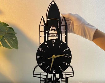 Reloj de pared de metal con cohete personalizado, reloj de pared redondo con cohete, reloj de pared extragrande con transbordador espacial, reloj de pared circular con transbordador espacial, decoración del hogar