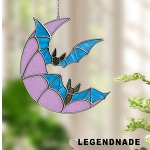 Handmade Bat Stained Glass, Bat with Moon Suncatcher Halloween Window Hanging Decor, Gothic Halloween Gift For Bat Lovers