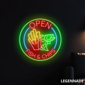 Fish and Chips Leuchtreklame, LED Offenes Licht für Imbiss, Fischküche, Fry Bar, British Food Wanddekor