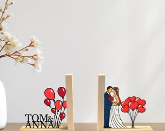 Custom Wedding Couple Bookends: Personalized Wooden Book Holder with Names, Romantic Shelf Decor Gift, Book Ends Anniversary Gift