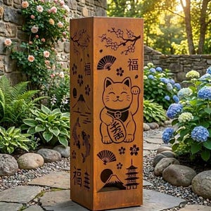 Puede incluir: Una escultura de jardín rectangular de metal envejecido con diseños de inspiración japonesa. La escultura presenta un gato de la suerte, flores de cerezo, un abanico, el monte Fuji, peces koi y recortes de pagoda. La palabra "福" se repite.