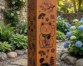 Lucky Cat Cherry Blossom Metal Garden Column, Outdoor Pathway LED Light Box, Decorative Yard Pillar, Gift for Dad