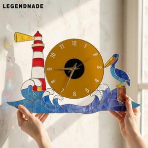 Lighthouse Stained Glass Wall Clock, Pelican Suncatcher, Coastal Ocean Wall Decor, Beach House Gift