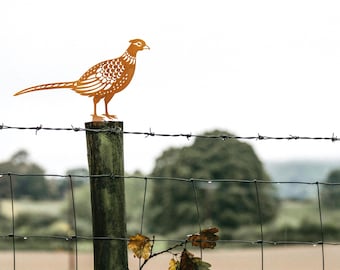Rusty Pheasant Metal Tree Stake, Garden Yard Decor for Outdoor, Rustic Wildlife Stakes for Lawn or Farm, Pheasant Metal Stake
