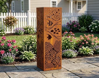 Personalisierte Fisch Metall Garten Säule, Ocean Hinterhof Dekor, Korallenriff Garten Skulptur Zeichen, Strand Haus Geschenk