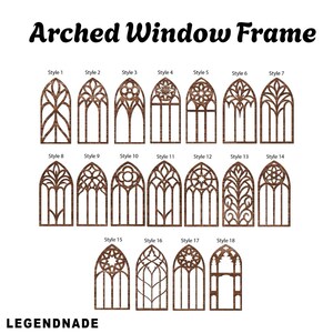 May include: A collection of 18 brown, arched window frame designs, each with unique decorative patterns. The frames are labeled with style numbers and the text "Arched Window Frame" is at the top. The brand name "LEGENDNADE" is at the bottom.