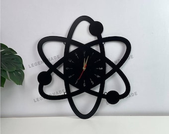 Atom Metal Wall Clock, Science Themed Wall Art Clock for Office Lab Classroom or Modern Home, Unique Gift for Chemistry and Physics Teachers