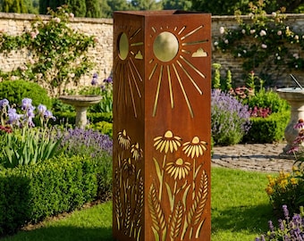 Columna de jardín con margaritas, pilar de jardín con diseño de sol de verano, escultura floral de metal, arte botánico para el jardín, decoración rústica para el patio.