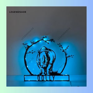Personalized Rhinoceros Metal Sign, Rhino Metal Light, Rhino Led Light, Rhino Animal Metal Wall Art, Rhino Wildlife Home Room Wall Decor