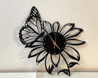 Butterfly and Flower Art Metal Wall Clock, Floral Decorative Clock for Living Room, Bedroom, Garden Decor, Rustic Nature-Inspired Decor