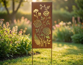 Personalized Floral Metal Garden Panel, Elegant Steel Privacy Screen, Outdoor Decoration for Patio & Garden Fence
