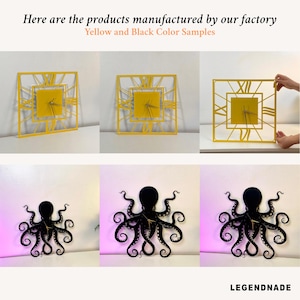 Puede incluir: La imagen muestra muestras de color amarillo y negro de relojes de pared y arte mural con forma de pulpo. Los relojes tienen un centro cuadrado amarillo con n&uacute;meros romanos. El arte del pulpo es negro con tent&aacute;culos detallados.