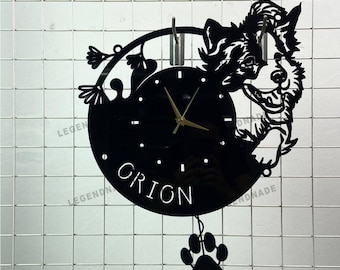 Aangepaste border collie-hond slinger metalen wandklok, gepersonaliseerde collie wandklok voor interieur, gedenkwaardig cadeau voor collieliefhebbers