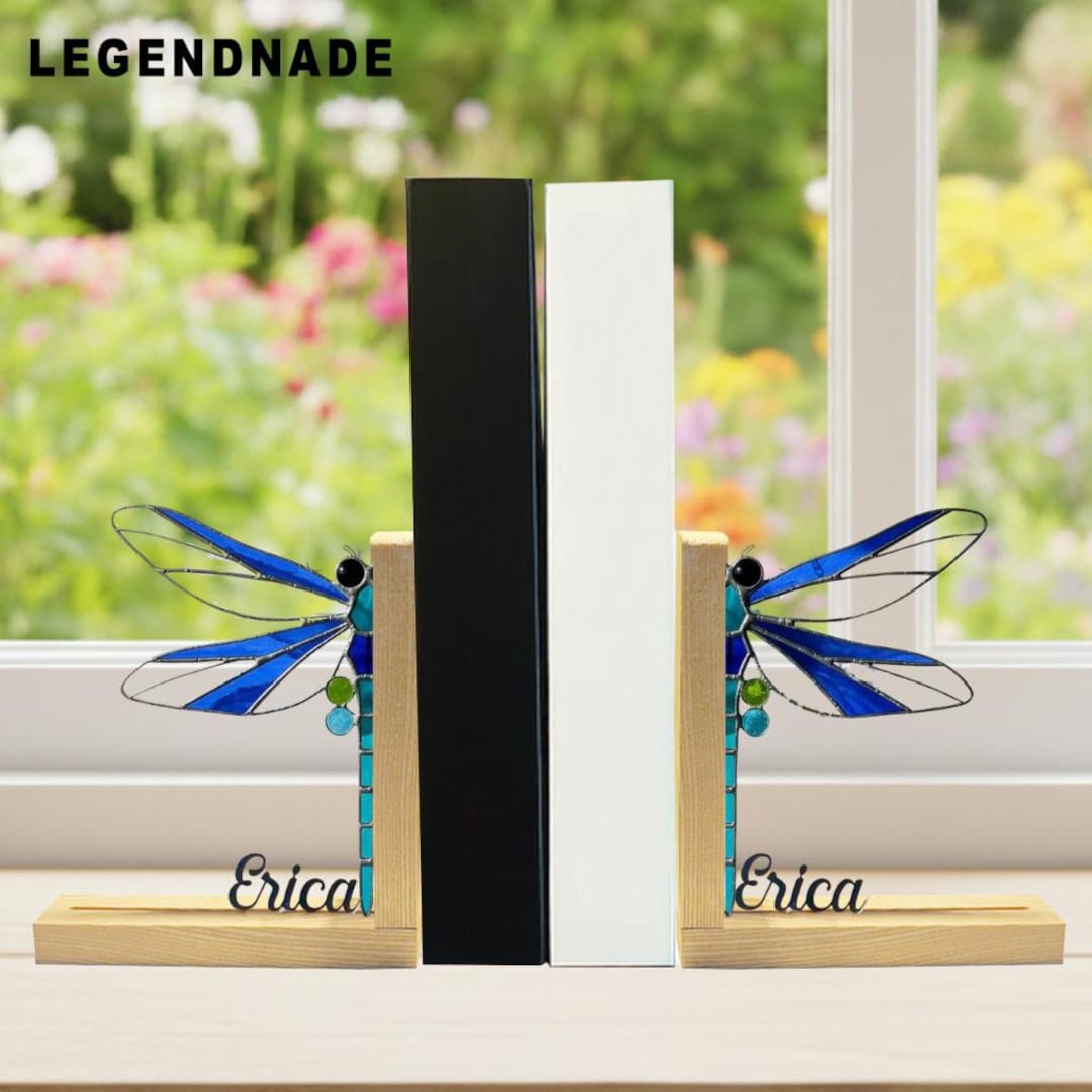 Handmade Dragonfly Stained Glass Bookends, Custom Name Wooden Book ...