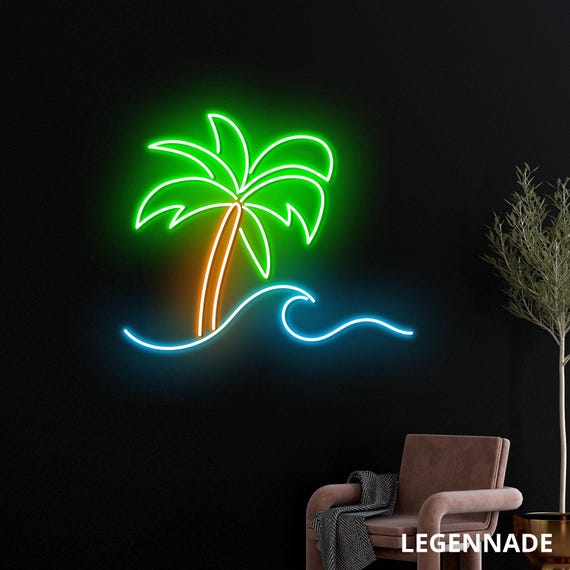 LUCUNSTAR Insegna Al Neon Con Palme E Surf, Luce LED A Muro Per Balcone, Bar E Festa, Decorazione Tropicale Per Camera Da Letto, Regalo Originale Per Lei E Lui