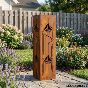 Columna de jardín de metal estilo Art Déco personalizada, decoración geométrica para patio trasero con diseño de rayos de sol, letrero vintage.