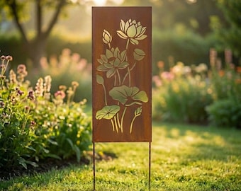 Personalized Lotus Metal Garden Panel, Rusty Steel Privacy Screen