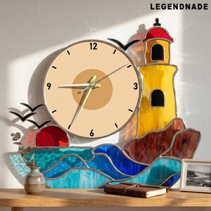 Ocean Lighthouse Stained Glass Wall Clock, Coastal Beach Decor, Nautical Gift For Dad