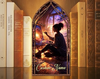 Rincón de libros de artista con vela, rincón de libros de madera, decoración de rincón de libros de arte personalizada, regalo con nombre personalizado para artista