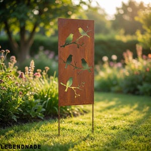 Panel de metal personalizado con pájaros en una rama para decoración de exteriores, pantalla de privacidad rústica para jardín con pájaros, panel de privacidad para cercas y patios.