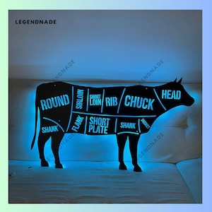 Personalized Cow Beef Cuts Metal Sign, Meat Butcher Metal Light, Butcher Shop Led Light, Butchery Metal Wall Art, Meat Shop Wall Decor