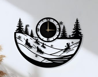 Sledding Metal Wall Clock: Snow Sledding Decor, Ski Lodge Wall Art, Rustic Winter Home Decor