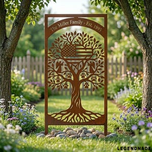 May include: A brown metal garden sign featuring a family tree design with the text "The Miller Family - Est. 1995". The tree includes an American flag, angel figures, and paw prints. The sign is displayed in a garden.