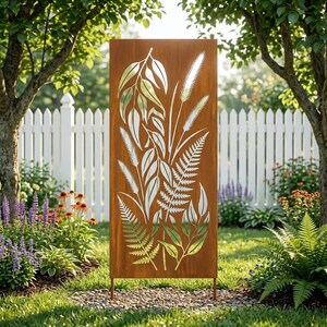 May include: A rectangular, weathered metal garden screen with a cut-out botanical design featuring leaves and grasses. The screen is supported by two legs and stands in a garden setting with a white picket fence in the background.