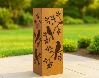Rustic Bird Metal Garden Column, Rusty Garden Decor, Outdoor Plant Stand, Bird Garden Column, Well Cover, Bird Lover Gift