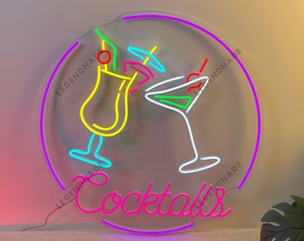 Letrero de neón para cócteles, letrero LED para bar de cócteles, luz LED para bar de cócteles, luz de neón para cócteles, arte mural para bar de bebidas, decoración de pared para el hogar