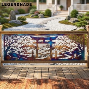 May include: A rectangular metal privacy screen featuring a laser-cut design of a torii gate, Mount Fuji, cherry blossom trees, and stone lanterns. The metal panel displays a gradient of blue, purple, and bronze tones with a metallic finish.