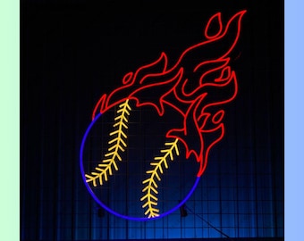 Fire Baseball Neon Light, Fire Ball Player Led Sign, Flaming Base Ball ...