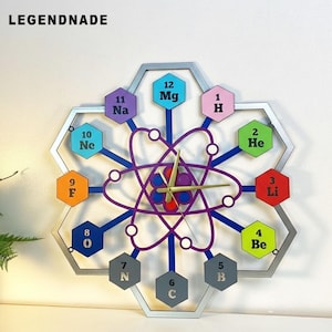 Könnte beinhalten: Dekorative Wanduhr mit wissenschaftlichem Thema. Die Uhr hat einen silbernen sechseckigen Rahmen mit farbenfrohen Elementen, die das Periodensystem darstellen. Die Zeiger sind goldfarben, und der Text "LEGENDNADE" steht oben.