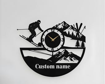 Personalized Skiing Metal Wall Clock: Winter Sports Wall Art, Skier Gift