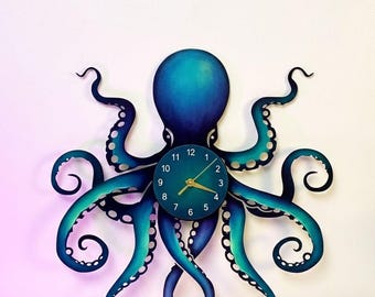 Octopus Metal Wall Clock, Ocean Sea Animal Decor, Octopus Clock, Hanging Wall Clock