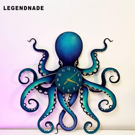 Octopus Metal Wall Clock, Ocean Sea Animal Decor, Octopus Clock, Hanging Wall Clock