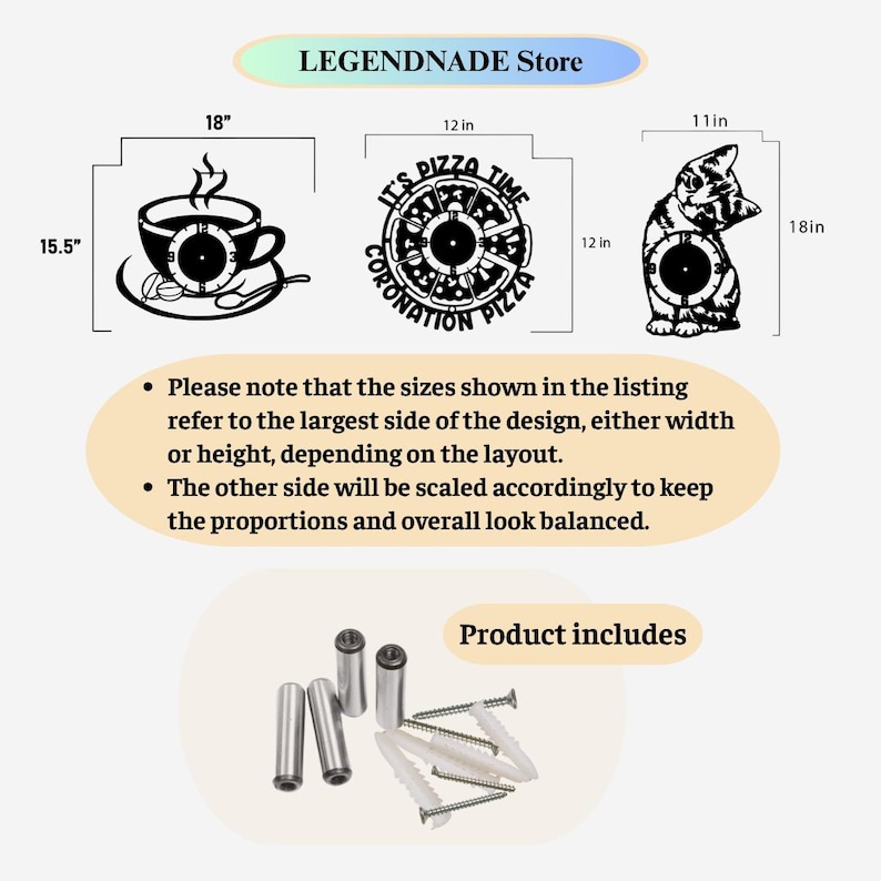 May include: Black metal wall art set includes a coffee cup clock (18" x 15.5"), a pizza clock (12" x 12"), and a cat clock (11" x 18"). The set includes mounting hardware. The text "LEGENDNADE Store" is at the top.