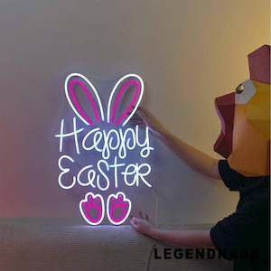 Letrero de neón de Feliz Pascua, letrero LED de conejo para decoración de pared, luz LED de regalo de Pascua, arte de pared con luz de neón de conejo, decoración de Pascua para el hogar, decoración de café