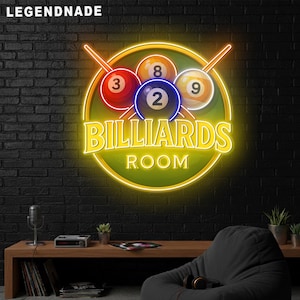 May include: A neon sign with the text "BILLIARDS ROOM" in yellow, surrounded by a green circle. Inside the circle are four billiard balls with the numbers 2, 3, 8, and 9. The sign is mounted on a black brick wall.
