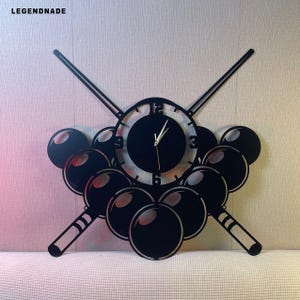 Könnte beinhalten: Schwarze Wanduhr mit Billard-Motiv. Die Uhr hat ein kreisförmiges Zifferblatt mit den Zahlen 12, 3, 6 und 9, umgeben von Billardkugeln und Queues. Die Zeiger der Uhr sind sichtbar und zeigen die Uhrzeit an. Die Uhr ist an einer neutralfarbenen Wand befestigt.