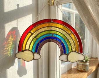 Custom Handmade Rainbow Stained Glass Suncatcher with Name, Colorful Window Hanging, Glass Cloud Decor Gift, Rainbow Suncatcher