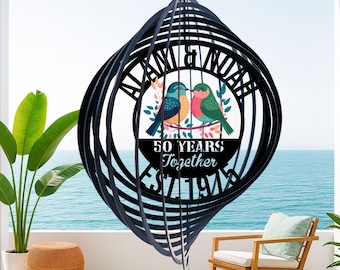 Molinillo de viento de metal personalizado para el 50.º aniversario de bodas, con diseño de pájaro UV y nombre, regalo de aniversario para mamá y papá.