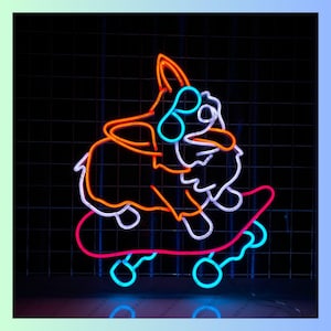 Corgi skateboarden neonbord, skateboarder led-bord, schattige hond led-licht, Corgi-neonlicht, hondenkamer kunstlicht aan de muur, muurdecoratie huisdier huis