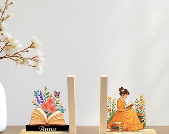 Personalized Wooden Bookends with Girl Reading and Flowers: Custom Name Book Holder, Book Lover Gift Decor, Table Decor