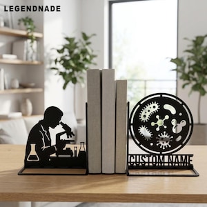 Metalen boekensteunen voor microbiologen, boekenstopper voor het laboratorium, decoratie voor je wetenschappelijke boekenplank.