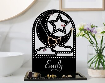 Organiseur de bijoux lune et étoile, porte-boucles d'oreilles et collier en métal personnalisés, support à bijoux céleste, cadeau personnalisé pour elle
