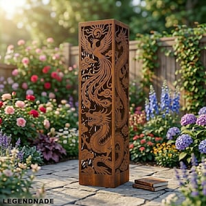 May include: A tall, rectangular, weathered metal garden sculpture with intricate cut-out designs of a phoenix and a dragon. The sculpture is placed in a garden setting with flowers and greenery. The sculpture is approximately 60 inches tall.