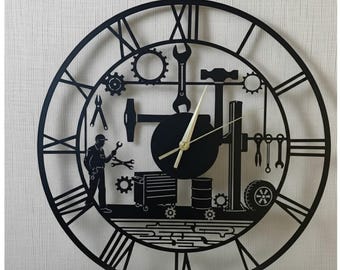 Garage Mechanic Wall Clock, Car Repair Decor, Metal Workshop Clock, Garage Wall Art, Workshop Wall Art