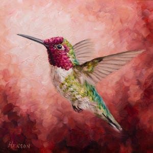 Giclée Print of Original Oil Anna&#39;s Hummingbird Painting. Fine Art Archival Print on Cotton Rag (Hahnemühle) Paper.